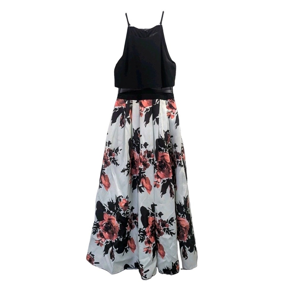Floral Formal Maxi Gown Illusion Mesh Cutout Betsy & Adam Size 14 Black Rose